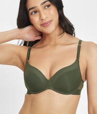 34B woman wearing Rich Olive No-Wire Push-Up Bra by LIVELY