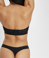 Adjustable band with 3-level hook-and-eye closure in jet black lace strapless bra by LIVELY