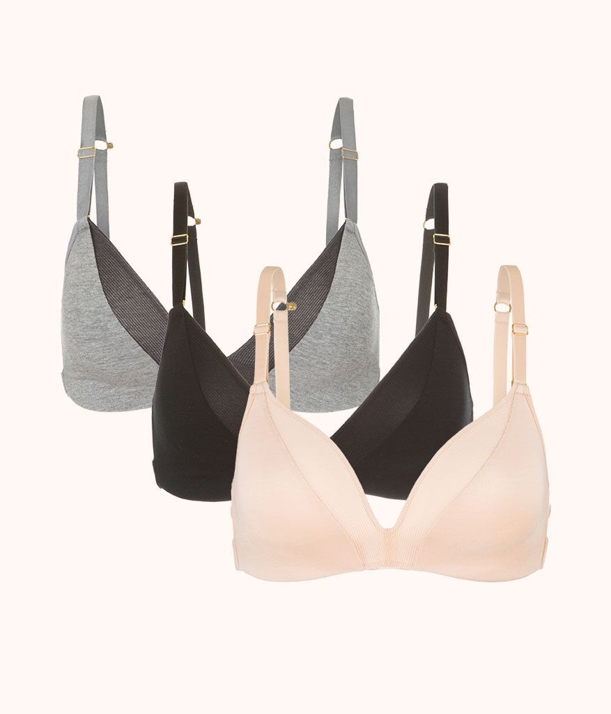 The All-Day Deep V No-Wire Trio: Heather Gray/Jet Black/Toasted Almond
