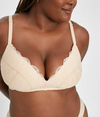 36DDD woman wearing Toasted Almond Lace No-Wire Push-Up by LIVELY