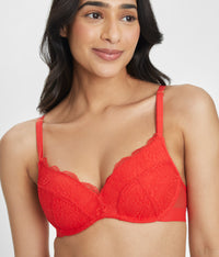 34B woman wearing tomato red lace no-wire push-up by LIVELY