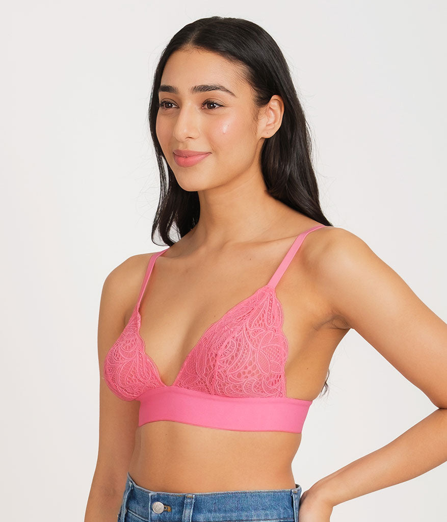 Long Lined Unlined Lace Bralette, Hibiscus Pink