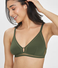 34B Woman wearing Rich Olive Mesh Trim Bralette by LIVELY