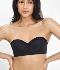 34B woman wearing Jet Black No-Wire Strapless bra by LIVELY