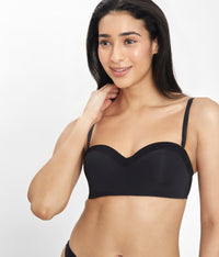 Adjustable, removal straps on Jet Black No-Wire Strapless bra by LIVELY
