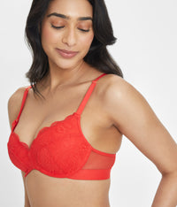 front adjusting straps in tomato red lace no-wire push-up bra by LIVELY