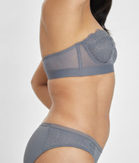 Wide band with boning at sides in smoke lace strapless bra by LIVELY