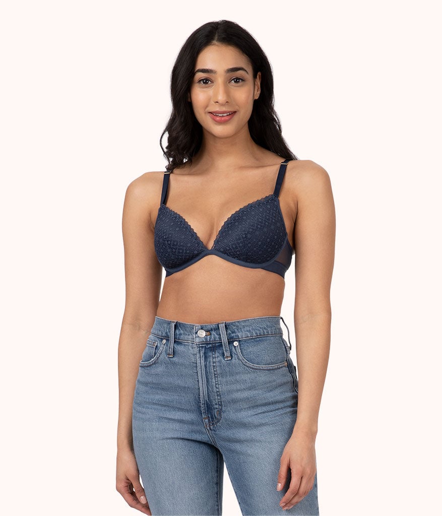 The Crochet Lace Deep V No-Wire Push-Up: Navy