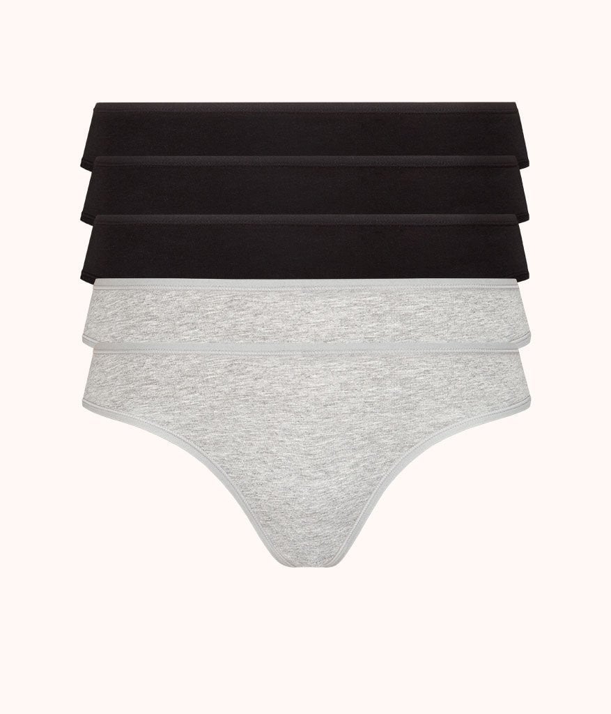 The Cotton Thong 5-Pack: Jet Black/Heather Gray