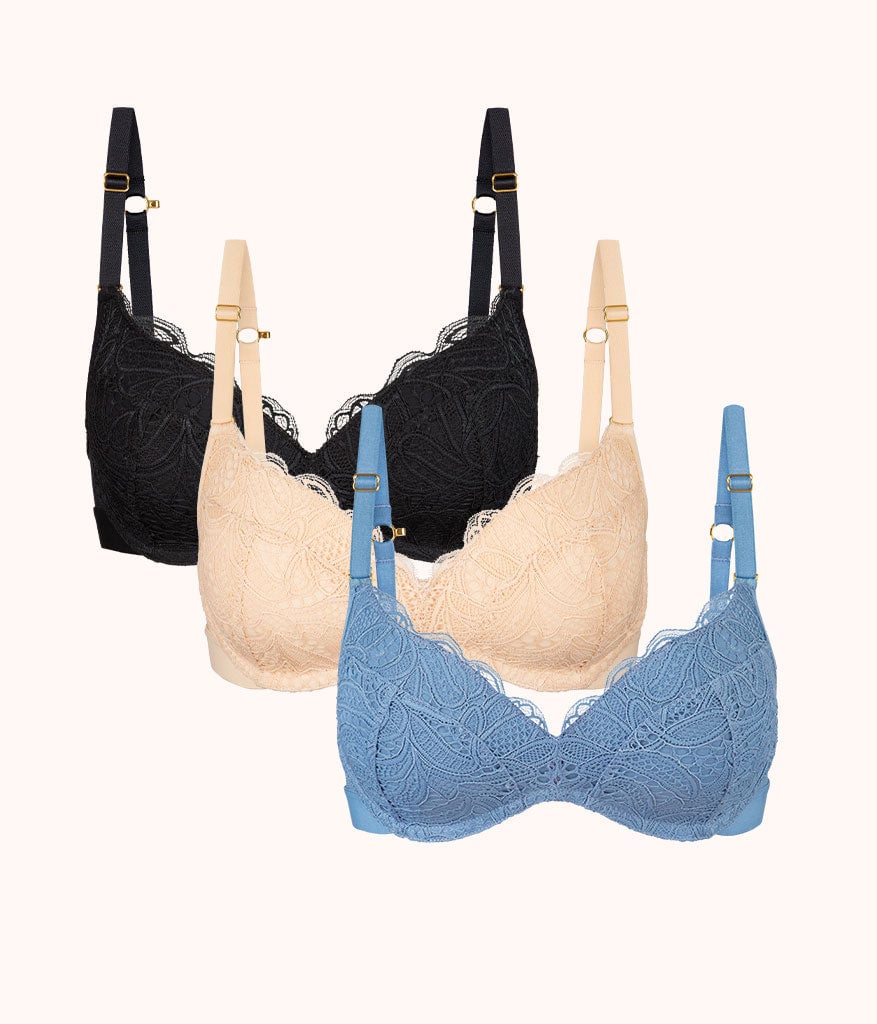 The Lace No-Wire Push-Up Trio: Vintage Indigo/Toasted Almond/Jet Black
