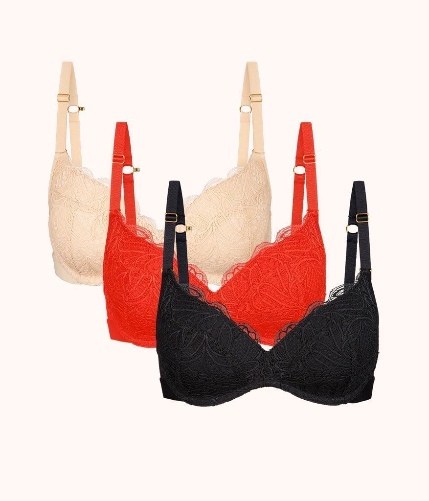 The Lace No-Wire Push-Up Trio: Toasted Almond/Jet Black/Tomato Red
