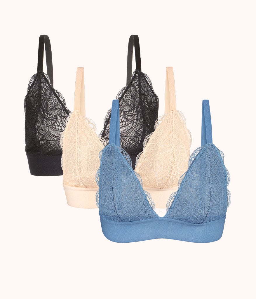 The Long-Lined Lace Bralette Trio: Vintage Indigo/Toasted Almond/Jet Black