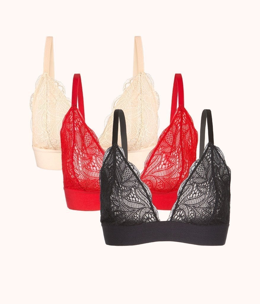 The Long-Lined Lace Bralette Trio: Toasted Almond/Jet Black/Tomato Red