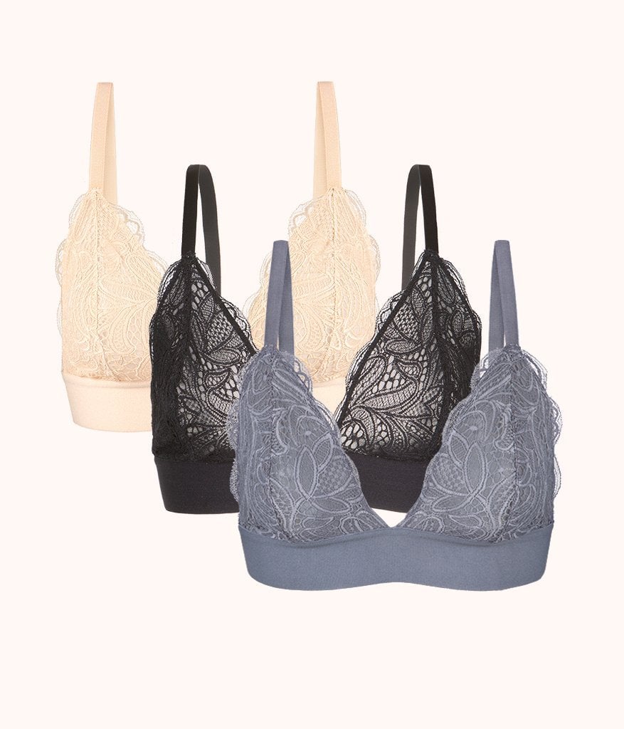 The Long-Lined Lace Bralette Trio: Toasted Almond/Jet Black/Smoke