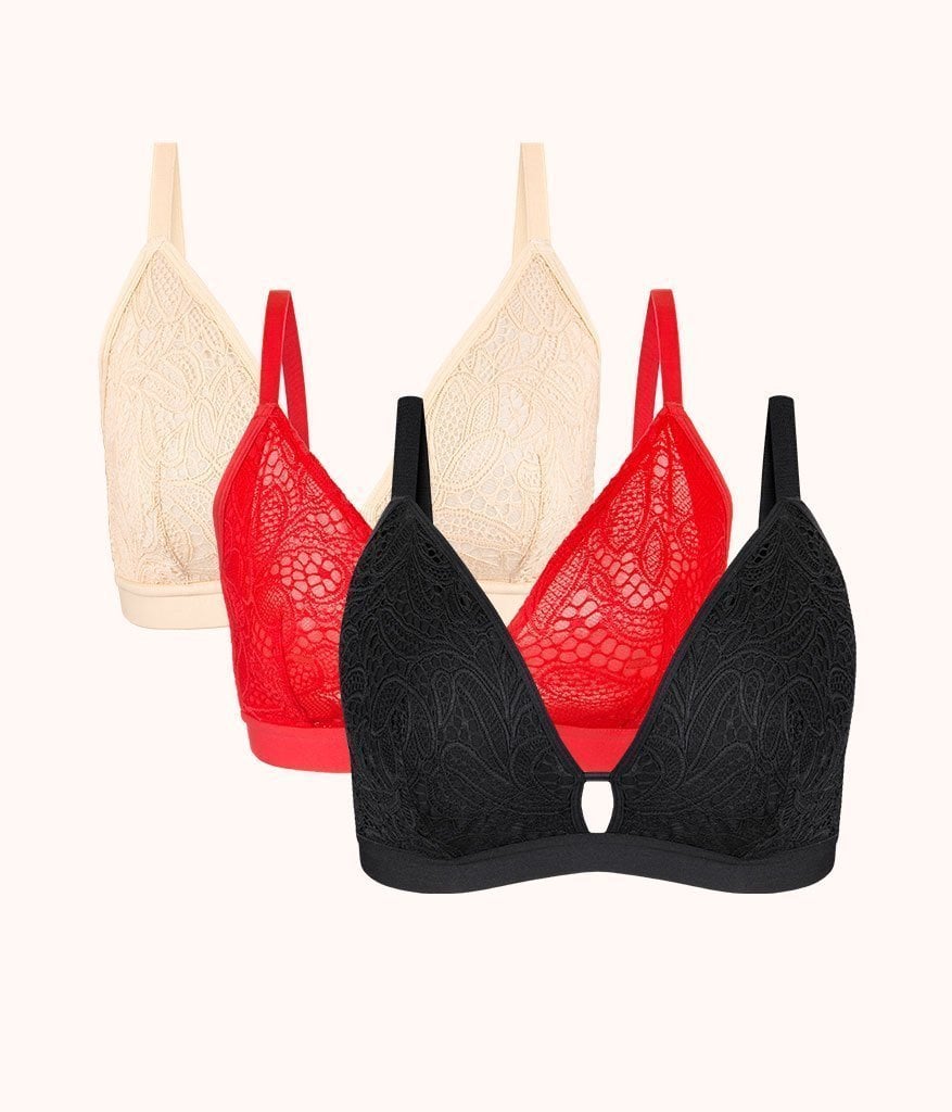 The Palm Lace Busty Bralette Trio: Toasted Almond/Jet Black/Tomato Red
