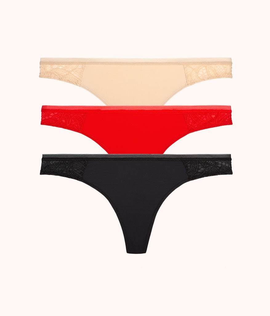 The Palm Lace Thong Bundle: Toasted Almond/Jet Black/Tomato Red