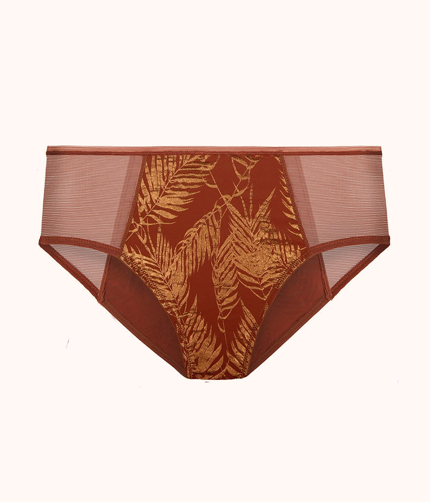 The Metallic Palm Mesh High Waist Bikini: Burnished Mahogany/Metallic Palm Print
